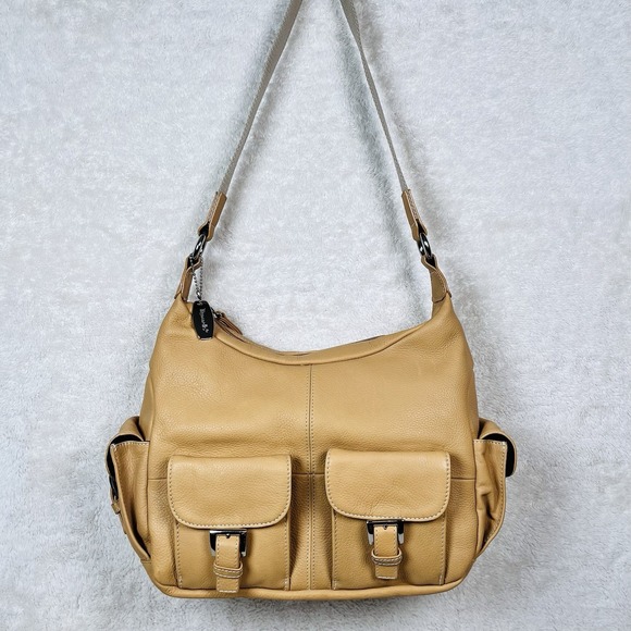 Tignanello Handbags - Vintage Tignanello Cargo Hobo Shoulder Bag Pebbled Leather Canvas Strap Tan Nude